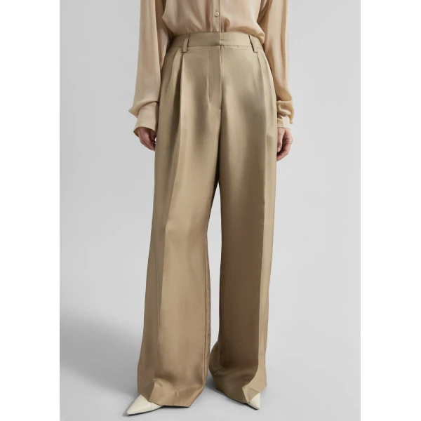 The Frankie Shop Marfa Pleated Silk Trousers - Beige - Oversized Minimalist Pants in Beige - Shop at Luxury Shoes 