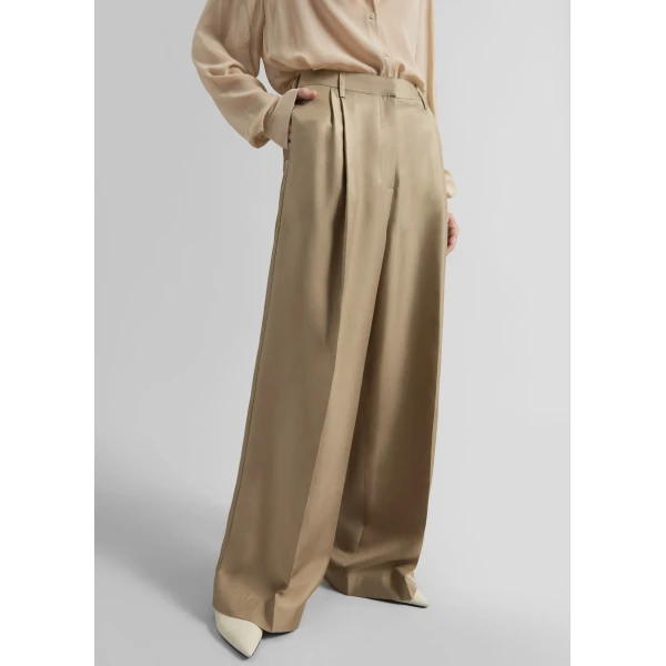 The Frankie Shop Marfa Pleated Silk Trousers - Beige - Oversized Minimalist Pants in Beige - Shop at Luxury Shoes 