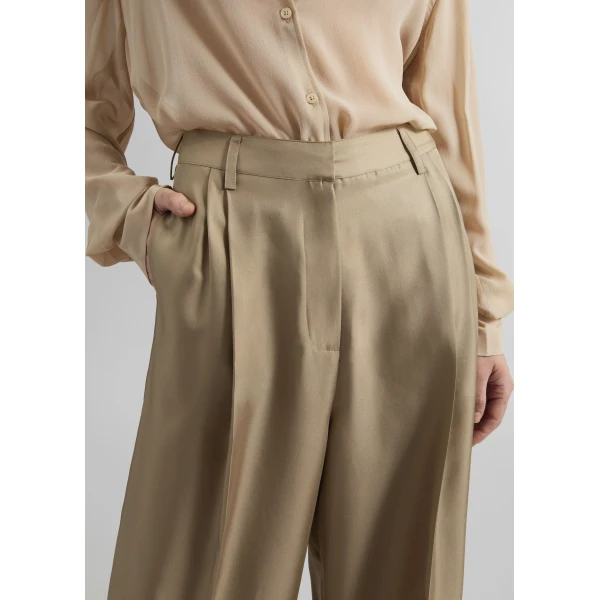The Frankie Shop Marfa Pleated Silk Trousers - Beige - Oversized Minimalist Pants in Beige - Shop at Luxury Shoes 