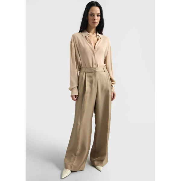 The Frankie Shop Marfa Pleated Silk Trousers - Beige - Oversized Minimalist Pants in Beige - Shop at Luxury Shoes 