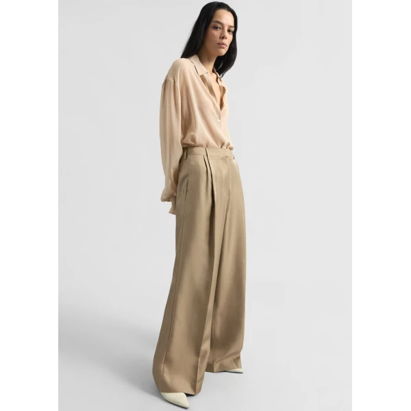 The Frankie Shop Marfa Pleated Silk Trousers - Beige - Oversized Minimalist Pants in Beige - Shop at Luxury Shoes 