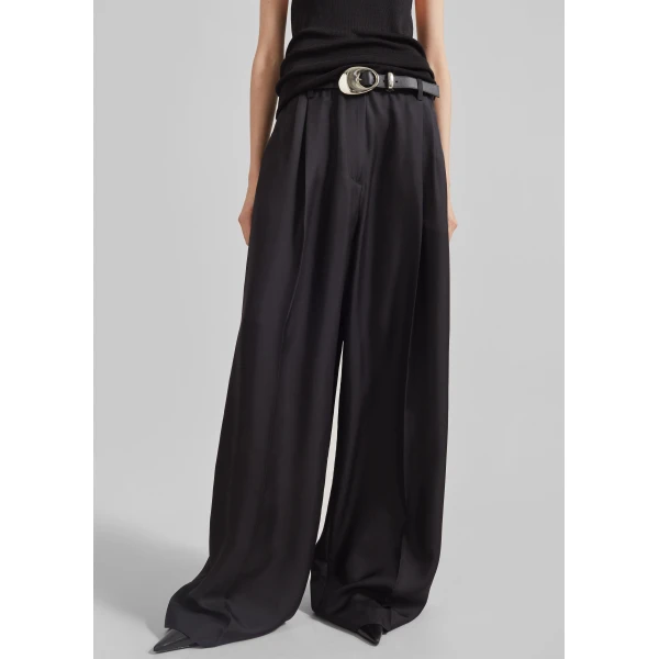 The Frankie Shop Marfa Pleated Silk Trousers - Black - Oversized Minimalist Pants in Black - Shop at Luxury Shoes 