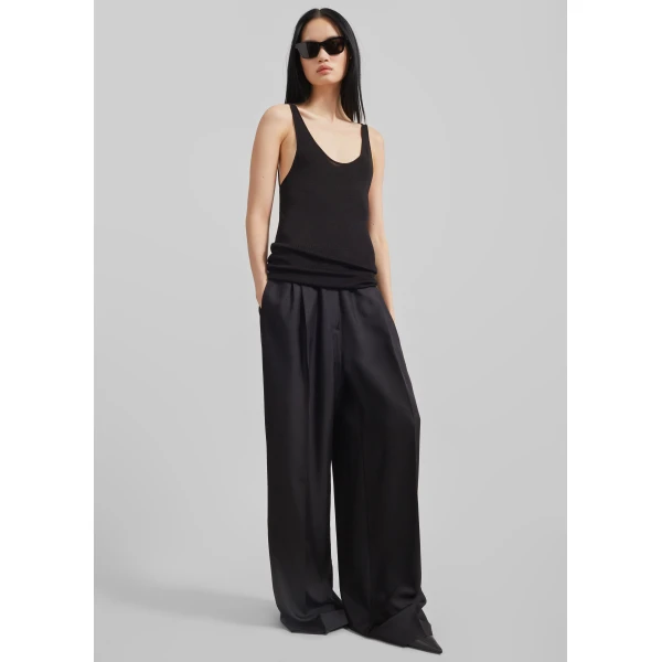 The Frankie Shop Marfa Pleated Silk Trousers - Black - Oversized Minimalist Pants in Black - Shop at Luxury Shoes 