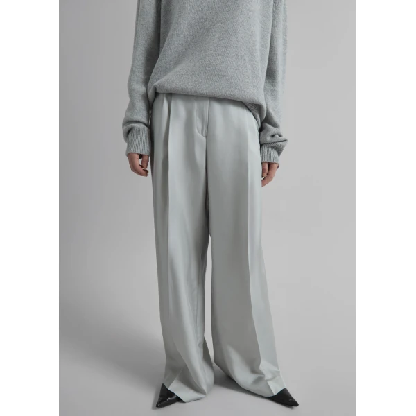 The Frankie Shop Marfa Pleated Silk Trousers - Grey - Oversized Minimalist Pants in Grey - Shop at Luxury Shoes 
