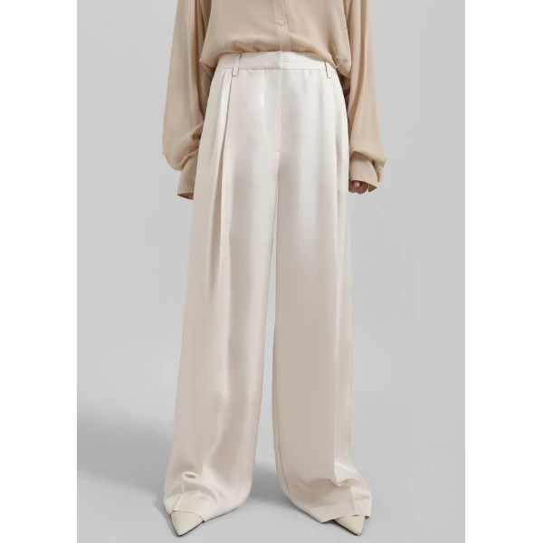 The Frankie Shop Marfa Pleated Silk Trousers - Ivory - Oversized Minimalist Pants in Ivory - Shop at Luxury Shoes 