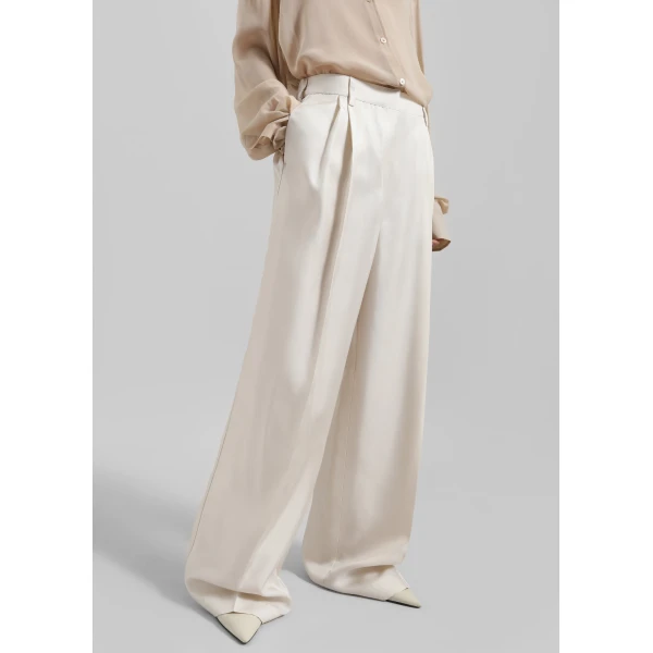 The Frankie Shop Marfa Pleated Silk Trousers - Ivory - Oversized Minimalist Pants in Ivory - Shop at Luxury Shoes 