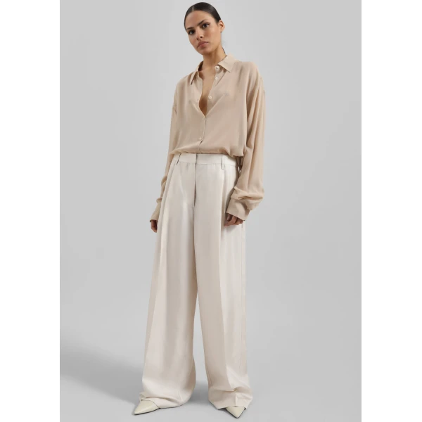 The Frankie Shop Marfa Pleated Silk Trousers - Ivory - Oversized Minimalist Pants in Ivory - Shop at Luxury Shoes 