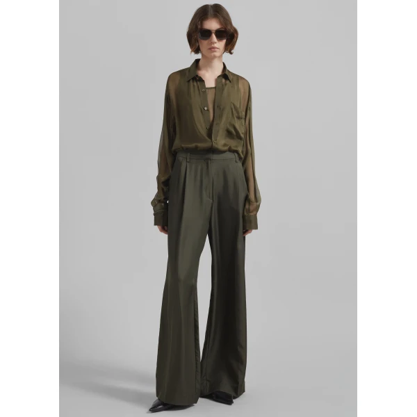The Frankie Shop Marfa Pleated Silk Trousers – Khaki, view 2