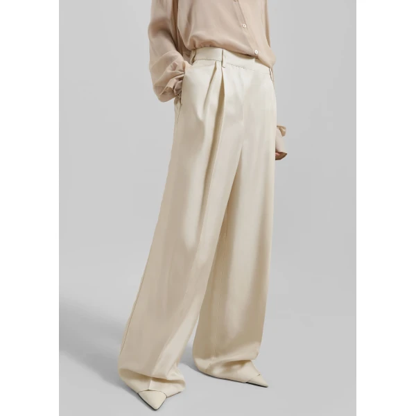 The Frankie Shop Marfa Pleated Silk Trousers - Light Beige - Oversized Minimalist Pants in Beige - Shop at Luxury Shoes 