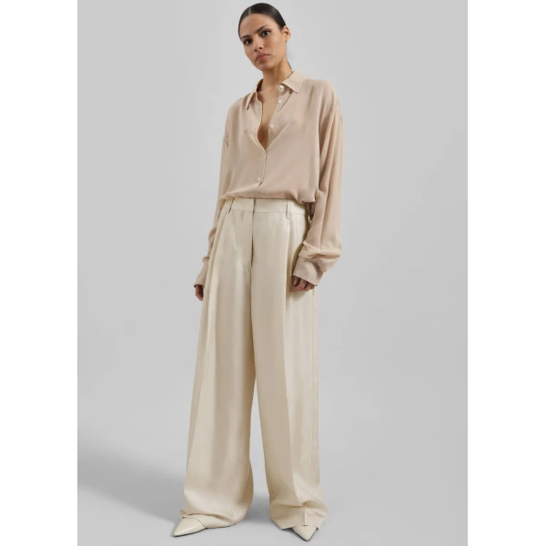 The Frankie Shop Marfa Pleated Silk Trousers - Light Beige - Oversized Minimalist Pants in Beige - Shop at Luxury Shoes 