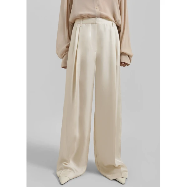The Frankie Shop Marfa Pleated Silk Trousers - Light Beige - Oversized Minimalist Pants in Beige - Shop at Luxury Shoes 