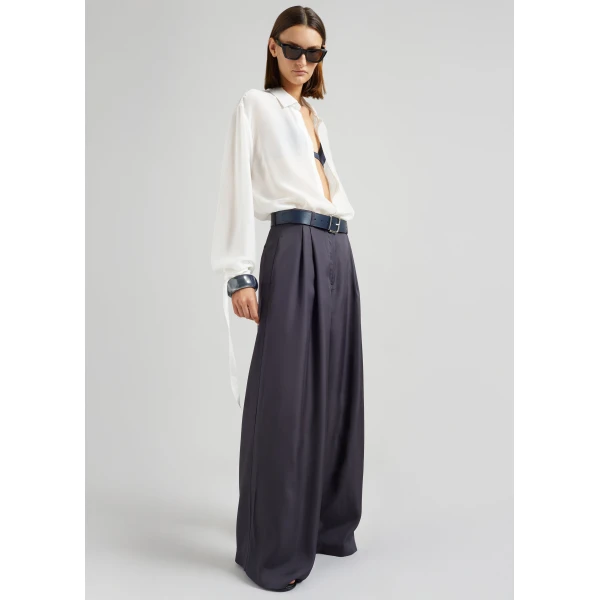 The Frankie Shop Marfa Pleated Silk Trousers - Storm Grey - Oversized Minimalist Pants in Grey - Shop at Luxury Shoes 