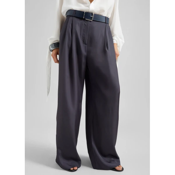 The Frankie Shop Marfa Pleated Silk Trousers - Storm Grey - Oversized Minimalist Pants in Grey - Shop at Luxury Shoes 