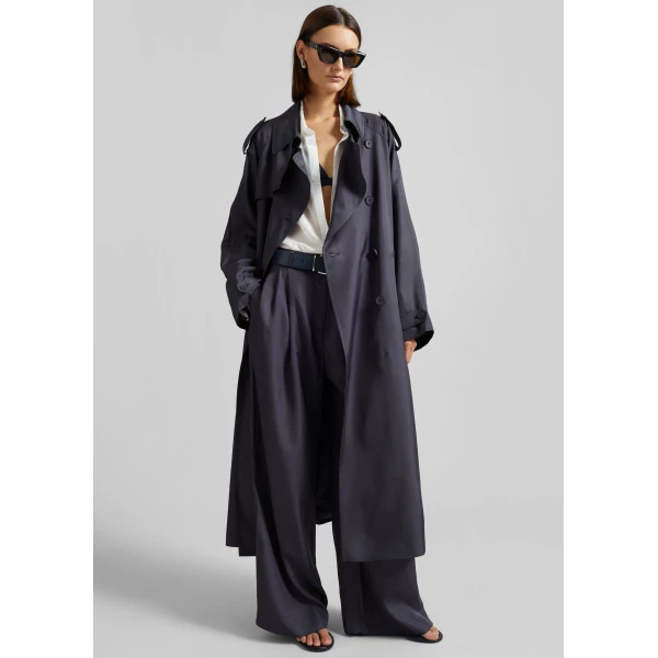 The Frankie Shop Marfa Pleated Silk Trousers - Storm Grey - Oversized Minimalist Pants in Grey - Shop at Luxury Shoes 