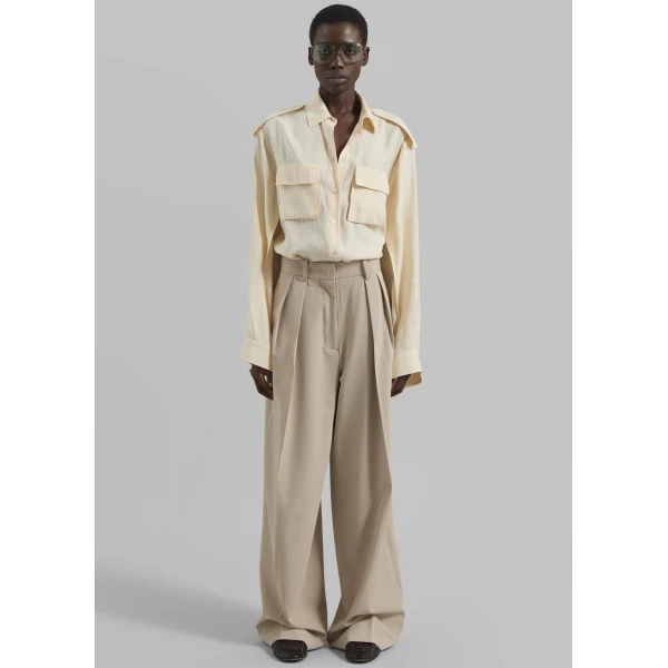 The Frankie Shop Marlon Button Up Shirt - Beige - Oversized Minimalist Tops in Beige - Shop at Luxury Shoes 