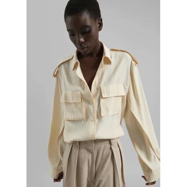 The Frankie Shop Marlon Button Up Shirt - Beige - Oversized Minimalist Tops in Beige - Shop at Luxury Shoes 