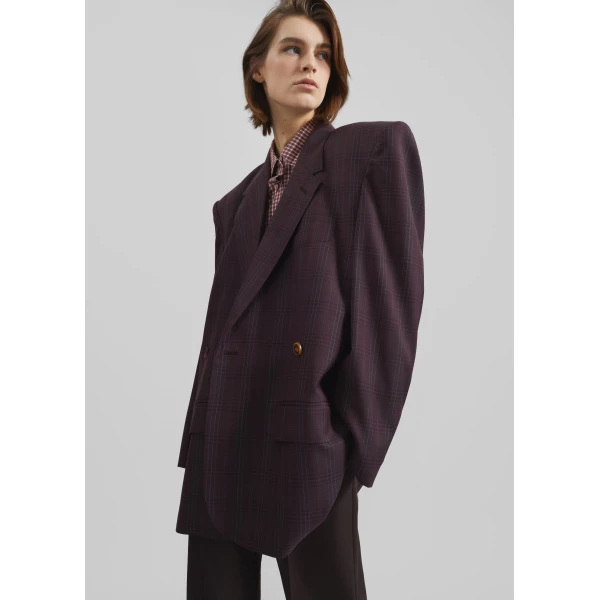 The Frankie Shop Marnay Padded Blazer - Burgundy Plaid - Oversized Minimalist Jackets in Multicolour - Shop at Luxury Shoes 