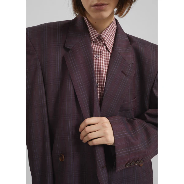 The Frankie Shop Marnay Padded Blazer - Burgundy Plaid - Oversized Minimalist Jackets in Multicolour - Shop at Luxury Shoes 