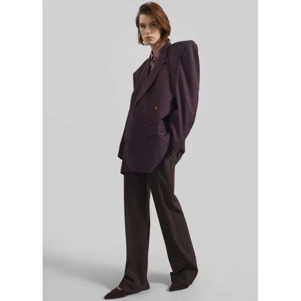 The Frankie Shop Marnay Padded Blazer - Burgundy Plaid - Oversized Minimalist Jackets in Multicolour - Shop at Luxury Shoes 