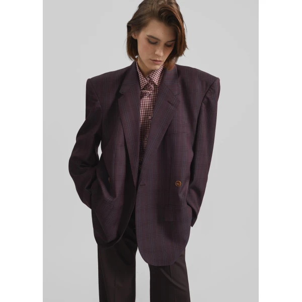 The Frankie Shop Marnay Padded Blazer - Burgundy Plaid - Oversized Minimalist Jackets in Multicolour - Shop at Luxury Shoes 