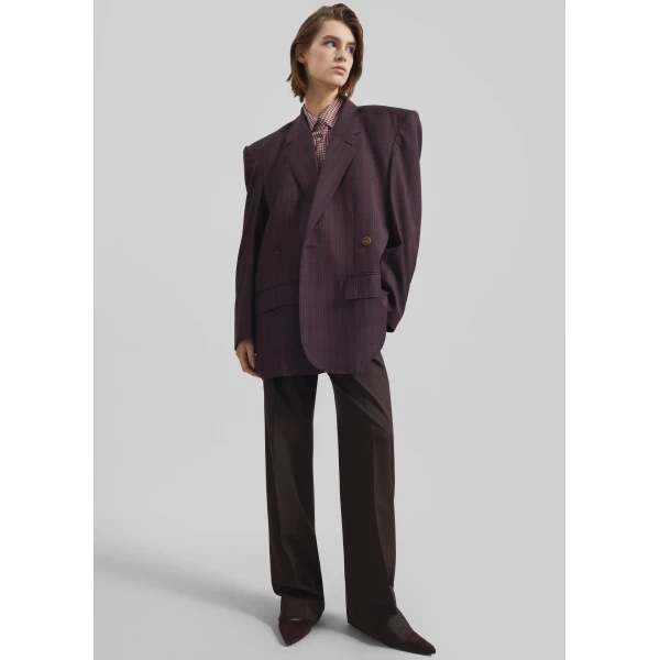 The Frankie Shop Marnay Padded Blazer - Burgundy Plaid - Oversized Minimalist Jackets in Multicolour - Shop at Luxury Shoes 