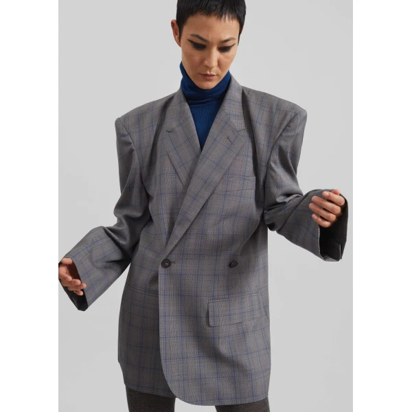 The Frankie Shop Marnay Padded Blazer - Grey Plaid - Oversized Minimalist Jackets in Multicolour - Shop at Luxury Shoes 