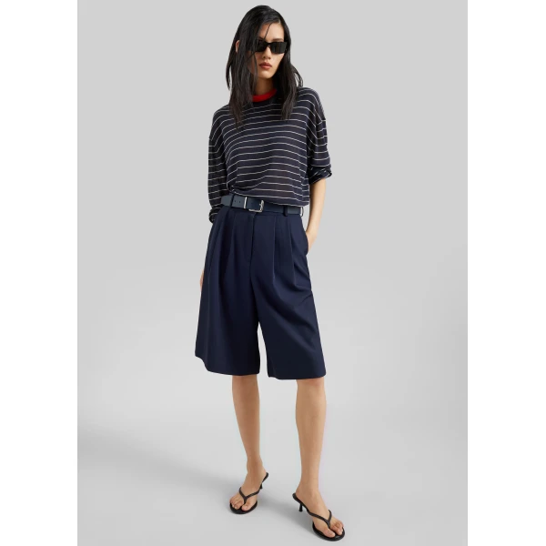 The Frankie Shop Martel Pleated Bermuda Shorts - Navy - Oversized Minimalist Shorts in Blue - Shop at Luxury Shoes 