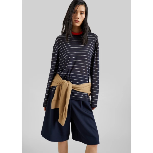 The Frankie Shop Martel Pleated Bermuda Shorts - Navy - Oversized Minimalist Shorts in Blue - Shop at Luxury Shoes 