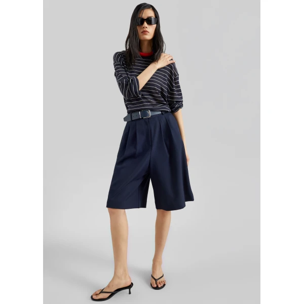 The Frankie Shop Martel Pleated Bermuda Shorts - Navy - Oversized Minimalist Shorts in Blue - Shop at Luxury Shoes 