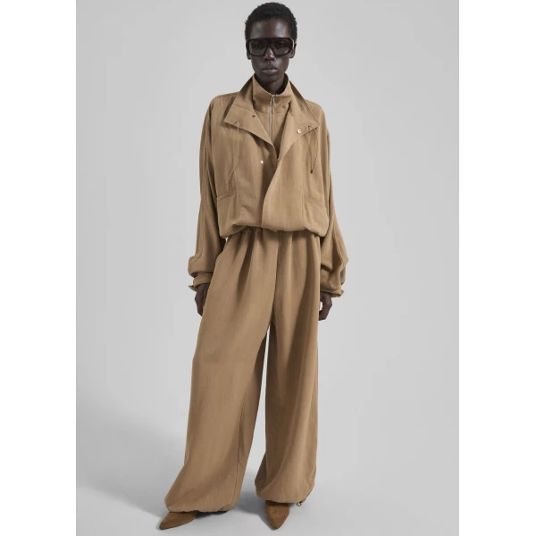 The Frankie Shop Marvin Linen Jumpsuit - Camel - Oversized Minimalist Jumpsuit in Beige - Shop at Luxury Shoes 