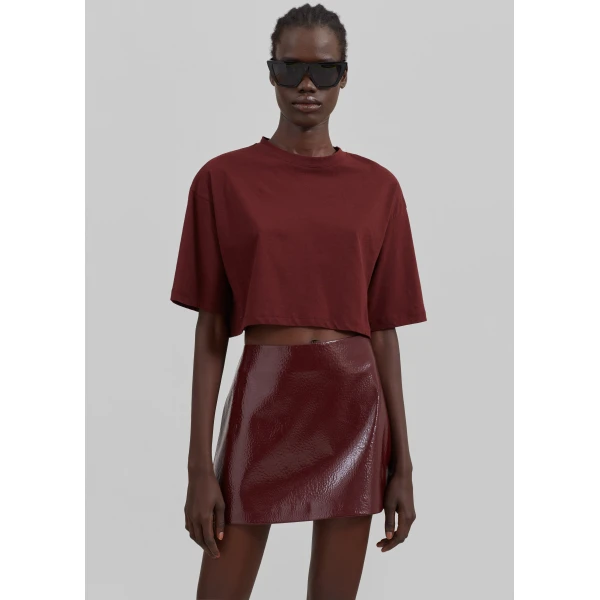 The Frankie Shop Mary Crackled Faux Leather Mini Skirt - Burgundy - Oversized Minimalist Skirts in Red - Shop at Luxury Shoes 