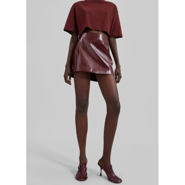 The Frankie Shop Mary Crackled Faux Leather Mini Skirt - Burgundy - Oversized Minimalist Skirts in Red - Shop at Luxury Shoes 