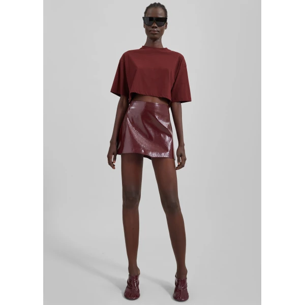 The Frankie Shop Mary Crackled Faux Leather Mini Skirt - Burgundy - Oversized Minimalist Skirts in Red - Shop at Luxury Shoes 