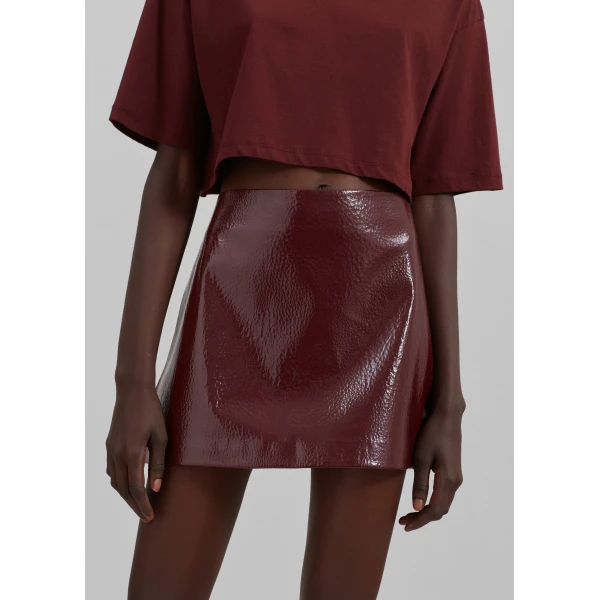 The Frankie Shop Mary Crackled Faux Leather Mini Skirt - Burgundy - Oversized Minimalist Skirts in Red - Shop at Luxury Shoes 