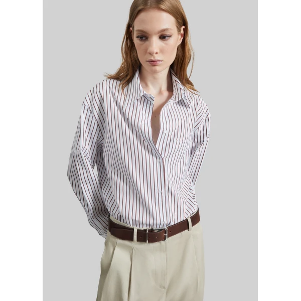 The Frankie Shop Maud Oversized Cotton Poplin Shirt - Dark Red/Light Blue - Oversized Minimalist Tops in Multicolour - Shop at Luxury Shoes 