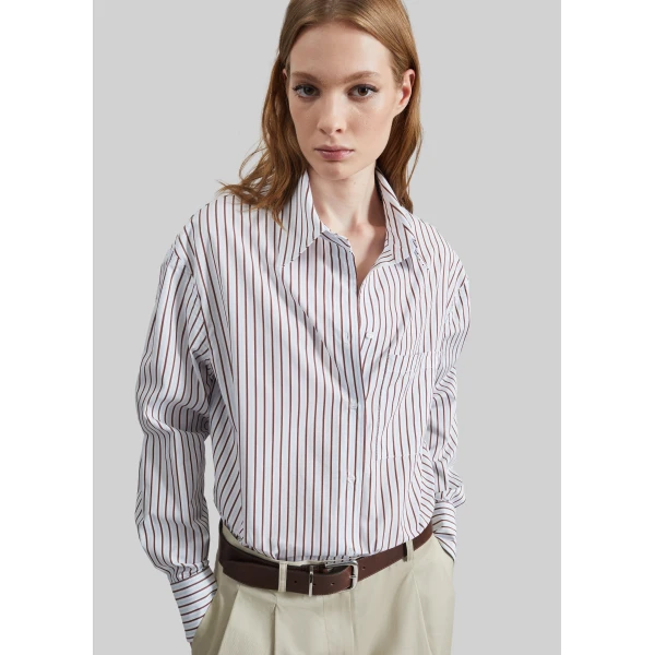 The Frankie Shop Maud Oversized Cotton Poplin Shirt - Dark Red/Light Blue - Oversized Minimalist Tops in Multicolour - Shop at Luxury Shoes 