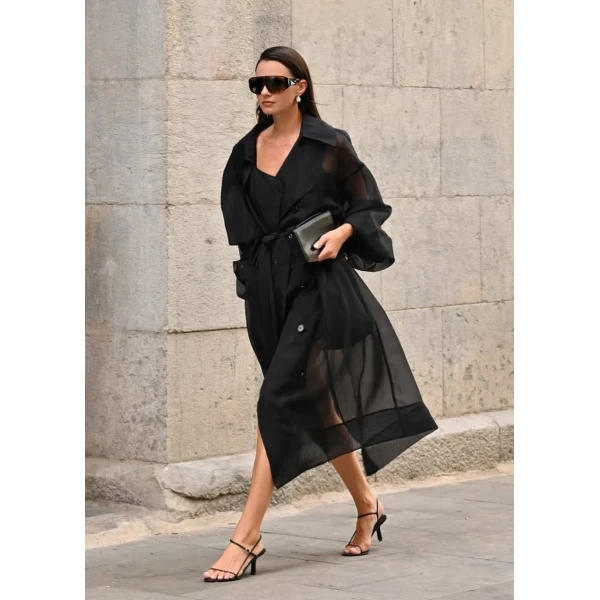 The Frankie Shop Mavis Oversized Sheer Trench - Black - Oversized Minimalist Coats in Black - Shop at Luxury Shoes 