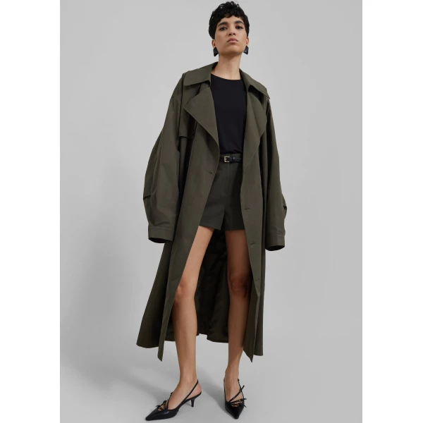 The Frankie Shop Mavis Oversized Trench - Khaki - Oversized Minimalist Coats in Green - Shop at Luxury Shoes 
