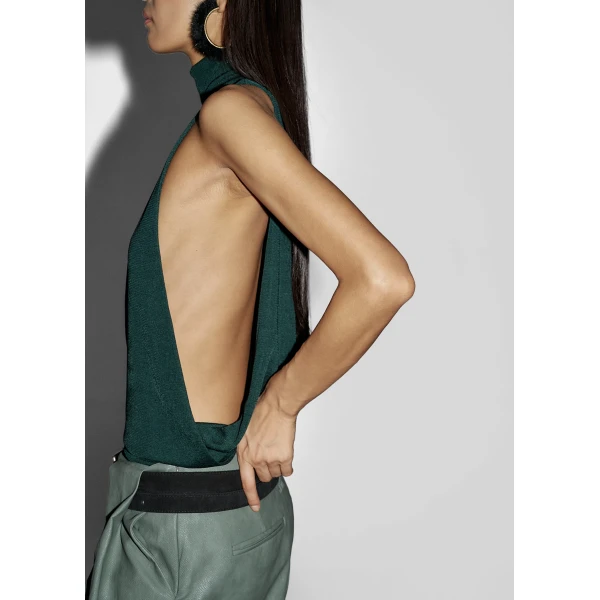 The Frankie Shop Maxen Mock Neck Bodysuit - Deep Green - Oversized Minimalist Bikini in Green - Shop at Luxury Shoes 