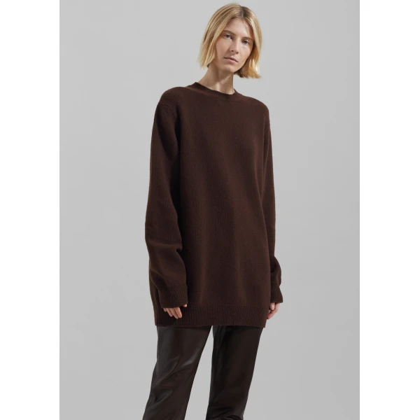The Frankie Shop Maxime Knit Sweater Dress - Brown - Oversized Minimalist Knitwear in Beige - Shop at Luxury Shoes 