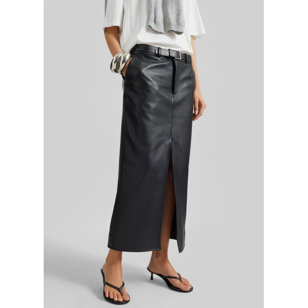 The Frankie Shop Maybelle Faux Leather Front Slit Pencil Skirt - Black - Oversized Minimalist Skirts in Black - Shop at Luxury Shoes 