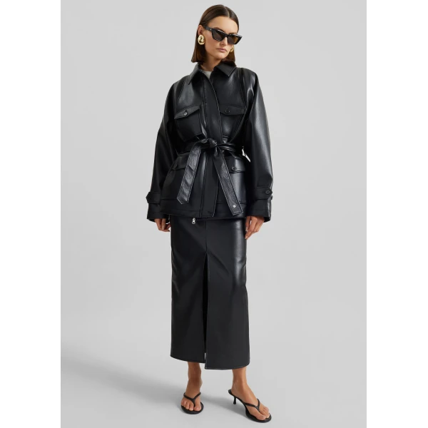 The Frankie Shop Maybelle Faux Leather Front Slit Pencil Skirt - Black - Oversized Minimalist Skirts in Black - Shop at Luxury Shoes 