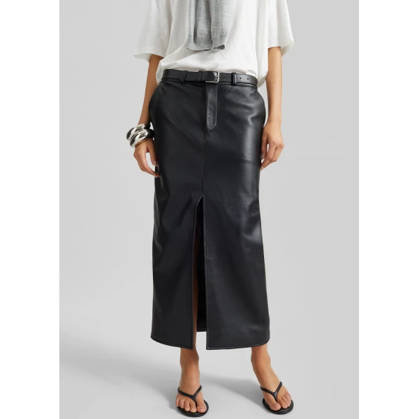 The Frankie Shop Maybelle Faux Leather Front Slit Pencil Skirt - Black - Oversized Minimalist Skirts in Black - Shop at Luxury Shoes 