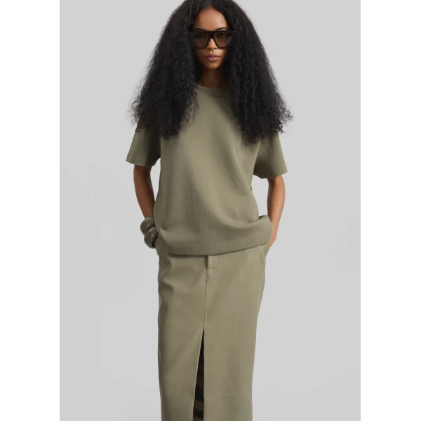 The Frankie Shop Maybelle Faux Leather Front Slit Pencil Skirt - Sage - Oversized Minimalist Skirts in Green - Shop at Luxury Shoes 