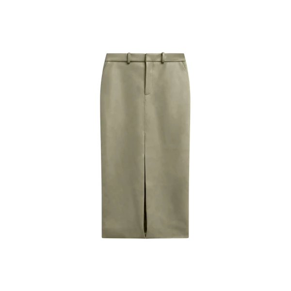 The Frankie Shop Maybelle Faux Leather Front Slit Pencil Skirt - Sage - Oversized Minimalist Skirts in Green - Shop at Luxury Shoes 