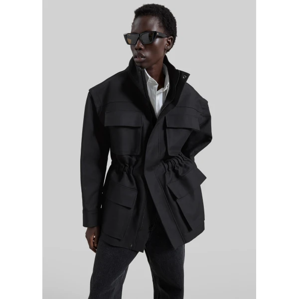 The Frankie Shop Melton Detachable Sleeve Cargo Jacket - Black - Oversized Minimalist Jackets in Black - Shop at Luxury Shoes 