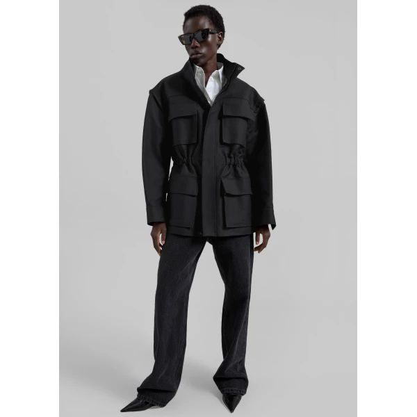 The Frankie Shop Melton Detachable Sleeve Cargo Jacket - Black - Oversized Minimalist Jackets in Black - Shop at Luxury Shoes 