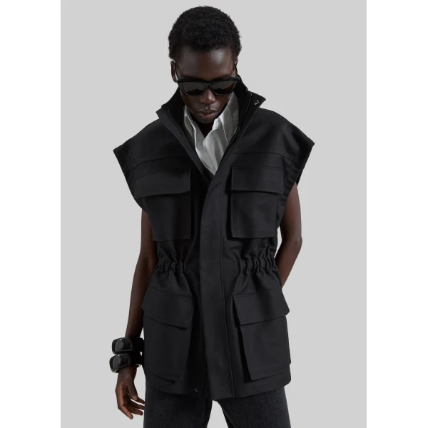 The Frankie Shop Melton Detachable Sleeve Cargo Jacket - Black - Oversized Minimalist Jackets in Black - Shop at Luxury Shoes 