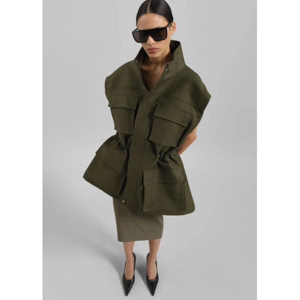 The Frankie Shop Melton Detachable Sleeve Cargo Jacket - Khaki - Oversized Minimalist Jackets in Green - Shop at Luxury Shoes 