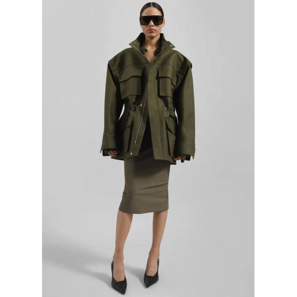 The Frankie Shop Melton Detachable Sleeve Cargo Jacket - Khaki - Oversized Minimalist Jackets in Green - Shop at Luxury Shoes 
